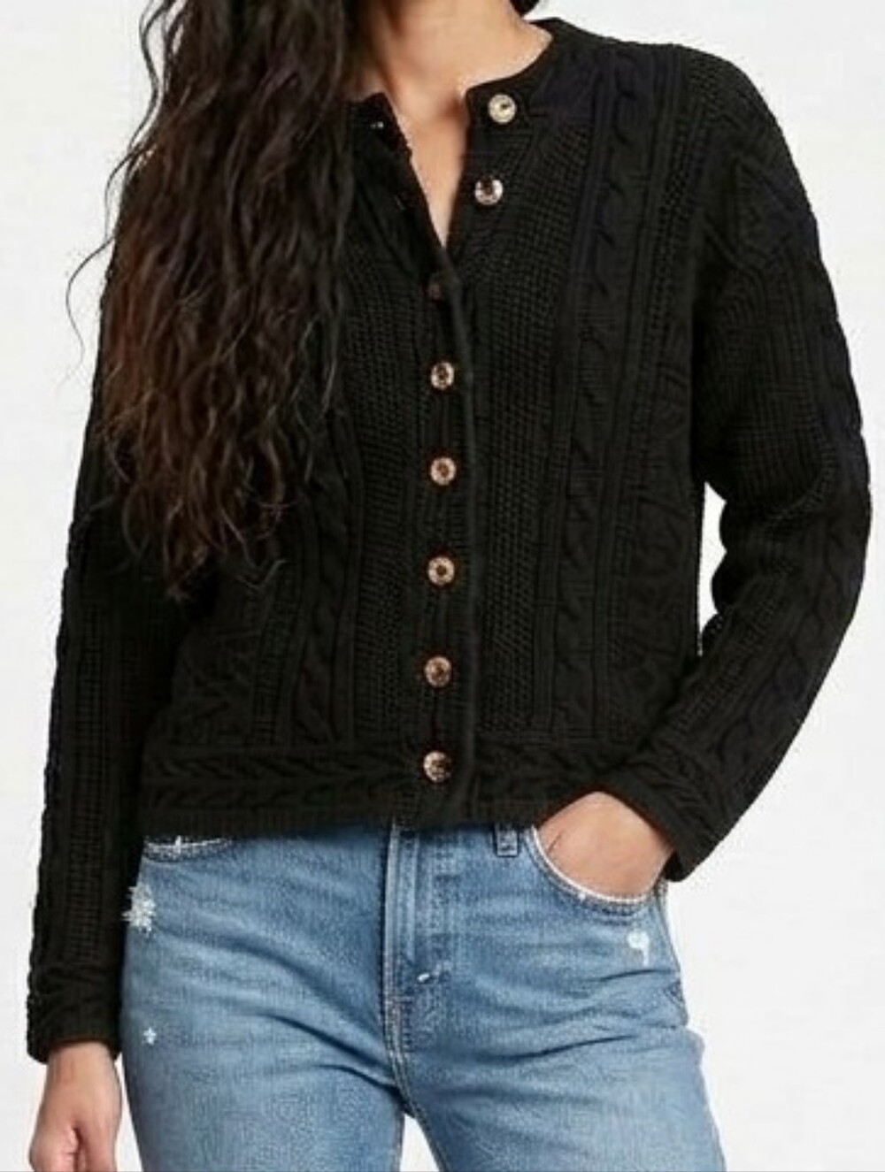Vintage L.L. Bean Cable-Knit Wood Button-Front Cardigan Sweater In Black